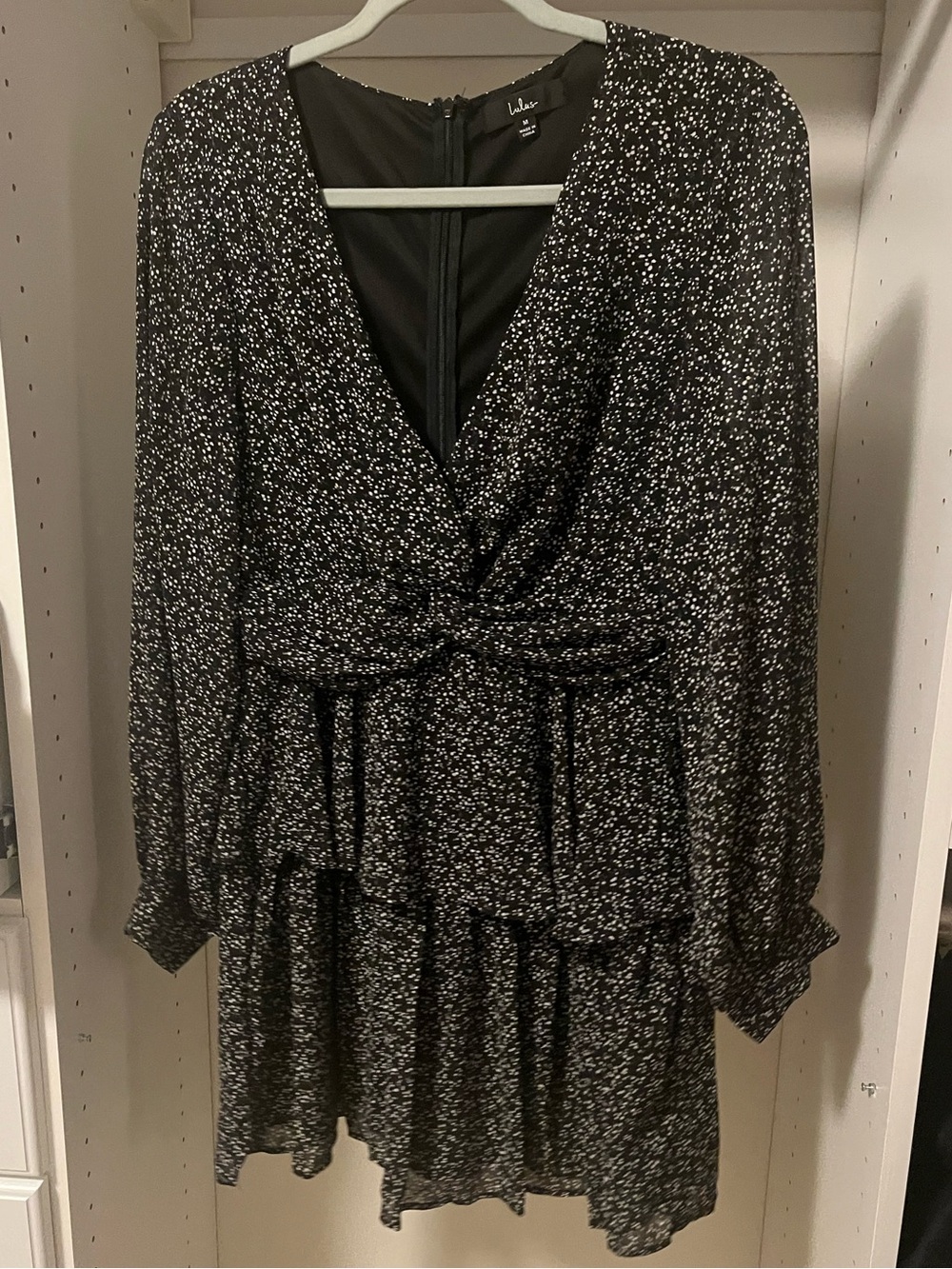 Lulu's Black and White Dotted V-Neck Long Sleeve Mini Dress